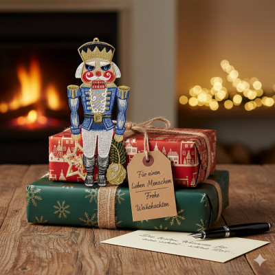 Eine bezaubernde Weihnachtsdekoration mit einem Nussknacker-Ornament, das auf eingepackten Weihnachtsgeschenken mit einem Anhänger steht, neben einem Füllfederhalter und einer Karte, mit festlichen Lichtern, einem Kamin und einem Plauener Spitze Fensterbild Nussknacker im Hintergrund.
