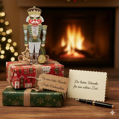Eine Nussknackerfigur steht auf zwei eingepackten Weihnachtsgeschenken neben einer handgeschriebenen Karte und einem Stift. Ein beleuchteter Kamin, ein geschmückter Baum und eine festliche Weihnachtsdekoration, darunter ein Plauener Spitze Fensterbild Nussknacker, schaffen eine gemütliche Weihnachtsszene.