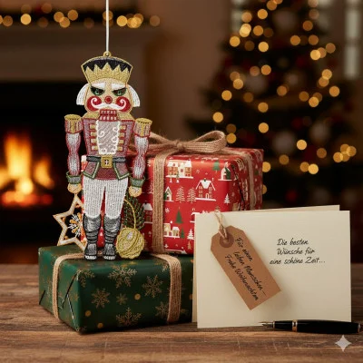 Eine festliche Szene mit einem Fensterbild Nussknacker-Ornament, das über eingepackten Weihnachtsgeschenken hängt, einem beleuchteten Kamin und einem geschmückten Baum im Hintergrund sowie einer Grußkarte mit einer handgeschriebenen Nachricht auf einem Holztisch.