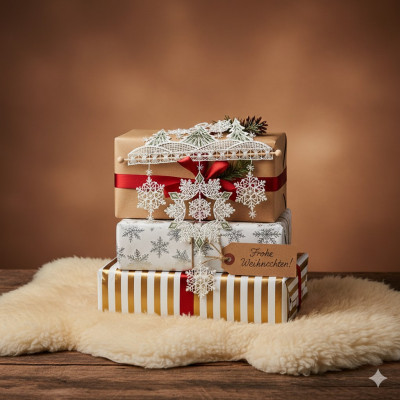 Drei fein säuberlich verpackte Geschenkkartons, die auf einem weichen, weißen Fellteppich gestapelt sind. Die Schachteln sind mit roten Bändern, Spitzen, Plauener Spitze, Schneeflocken und einem Schild mit der Aufschrift "Frohe Weihnachten" verziert.