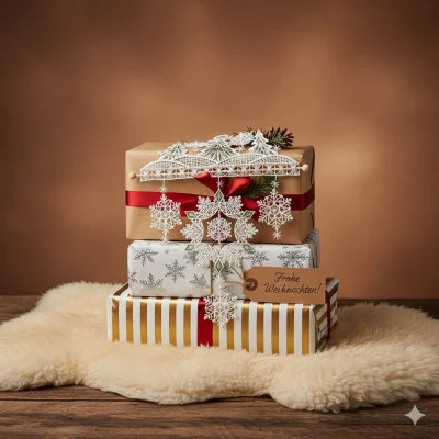 Drei fein säuberlich verpackte Geschenkkartons, die auf einem weichen, weißen Fellteppich gestapelt sind. Die Schachteln sind mit roten Bändern, Spitzen, Plauener Spitze, Schneeflocken und einem Schild mit der Aufschrift "Frohe Weihnachten" verziert.