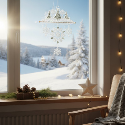 Ein gemütliches Fenster blickt auf eine verschneite Landschaft mit Bäumen und Häusern. Adventsdekoration wie Tannenzapfen, ein Holzstern und Lichterketten schmücken die Fensterbank, während Schneeflockenschmuck und ein Fensterbild Winterwald im Fenster neben einem einladenden Sessel hängen.