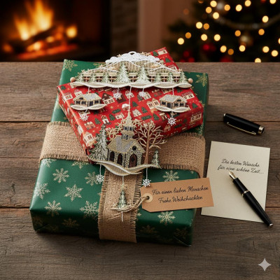 Zwei eingepackte Weihnachtsgeschenke mit festlicher Dekoration liegen auf einem Holztisch, daneben eine Plauener Spitze Adventsdekoration. Im Hintergrund sorgen ein beleuchteter Kamin und ein leuchtender Weihnachtsbaum für eine gemütliche Szene, auf dem Tisch stehen ein Füllfederhalter und eine Weihnachtskarte.