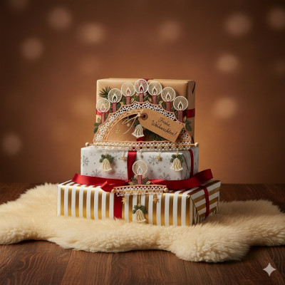 Drei ordentlich verpackte Weihnachtsgeschenke auf einem flauschigen Teppich, verziert mit Plauener Spitze, roten Bändern und festlichen Anhängern, vor einem warmen braunen Hintergrund mit sanften Lichtern.