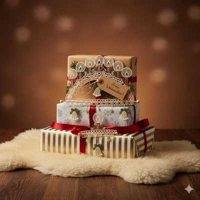 Drei ordentlich verpackte Weihnachtsgeschenke auf einem flauschigen Teppich, verziert mit Plauener Spitze, roten Bändern und festlichen Anhängern, vor einem warmen braunen Hintergrund mit sanften Lichtern.