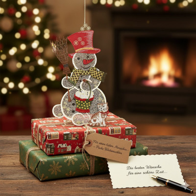 Eine festliche Szene mit einem Schneemann-Ornament, einer Katze und eingepackten Geschenken vor einem Kamin und einem Weihnachtsbaum, mit einem charmanten Fensterbild Schneemanns als Teil der Winterdekoration. Auf einer Karte ist zu lesen: "Die besten Wünsche für eine schöne Zeit...