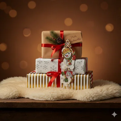 Drei eingepackte Weihnachtsgeschenke, gestapelt auf einer weichen weißen Fellmatte auf einer hölzernen Oberfläche, sind mit roten Bändern, festlichen Ornamenten, darunter ein Schneemann, und einer charmanten Plauener Spitze Winter-Dekoration geschmückt. Warme, verschwommene Lichter leuchten im Hintergrund.