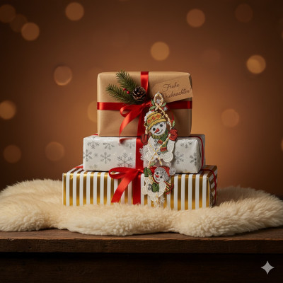 Drei eingepackte Weihnachtsgeschenke, gestapelt auf einer weichen weißen Fellmatte auf einer hölzernen Oberfläche, sind mit roten Bändern, festlichen Ornamenten, darunter ein Schneemann, und einer charmanten Plauener Spitze Winter-Dekoration geschmückt. Warme, verschwommene Lichter leuchten im Hintergrund.