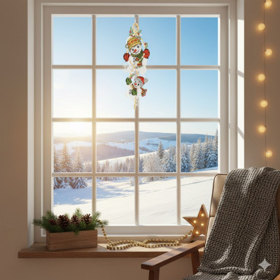 Ein gemütliches Zimmer mit einem Stuhl und einer Decke neben einem Fenster mit Blick auf eine verschneite Landschaft. Winterdekoration wie ein hängendes Schneemann-Ornament, Tannenzapfen, Plauener Spitze und Lichterketten schaffen eine warme, festliche Atmosphäre, wenn das Sonnenlicht hereinströmt.