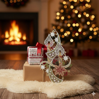 Zwei eingepackte Weihnachtsgeschenke und eine festliche Advents-Deko-Kerze sitzen auf einem flauschigen Teppich vor einem Kamin und einem geschmückten Weihnachtsbaum mit leuchtenden Lichtern und einem bezaubernden Plauener Spitze Fensterbild in einer gemütlichen Weihnachtsatmosphäre.