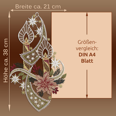 Gesticktes Advents-Deko Kerze und Weihnachtsstern Fensterbild, gefertigt im Stil der Plauener Spitze, ca. 38 cm hoch und 21 cm breit. Zum Größenvergleich neben einem DIN A4-Blatt abgebildet.