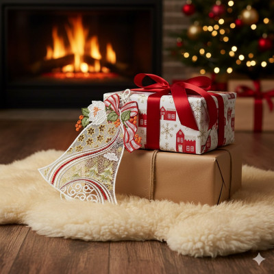 Zwei eingepackte Weihnachtsgeschenke sitzen auf einem flauschigen Teppich vor dem Kamin, dahinter steht ein festlicher Baum. Ein verschnörkeltes Plauener Spitze Fensterbild Weihnachtsglocke mit roter Schleife ruht auf den Geschenken und fügt dieser warmen Weihnachtsszene elegante Advents-Dekoration hinzu.