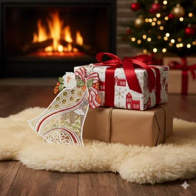 Zwei eingepackte Weihnachtsgeschenke sitzen auf einem flauschigen Teppich vor dem Kamin, dahinter steht ein festlicher Baum. Ein verschnörkeltes Plauener Spitze Fensterbild Weihnachtsglocke mit roter Schleife ruht auf den Geschenken und fügt dieser warmen Weihnachtsszene elegante Advents-Dekoration hinzu.