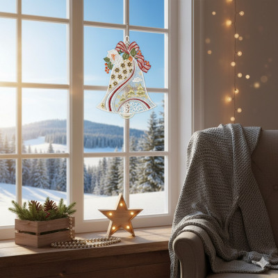 Ein gemütliches Wohnzimmer mit einem in eine graue Decke gehüllten Stuhl, einem beleuchteten Stern und einer kleinen Pflanze. Eine elegante Plauener Spitze Fensterbild Weihnachtsglocke hängt am Fenster und umrahmt die verschneite Landschaft und die Tannenbäume draußen.