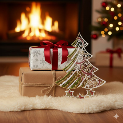 Zwei eingepackte Weihnachtsgeschenke liegen auf einem flauschigen weißen Teppich vor einem beleuchteten Kamin. Ein dekorativer Weihnachtsbaum aus Plauener Spitze sorgt für festlichen Charme, während im Hintergrund ein geschmückter Weihnachtsbaum zu sehen ist.