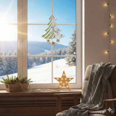 Gemütliches Zimmer mit Sessel und Decke, sternförmigem Licht und Tannendekor am Fenster. Ein Advents-Dekoration Fensterbild Tannenbaum von Plauener Spitze hängt, während das Sonnenlicht durchscheint und die verschneite Landschaft draußen hervorhebt.