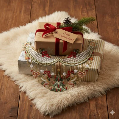 Zwei eingepackte Geschenke mit Bändern und einem Tannenzweig sitzen auf einem cremefarbenen Fellteppich. Dekorative Plauener Spitze mit Weihnachtsbaum- und Sternmotiven ist über die Geschenke drapiert. Eines der Geschenke trägt eine Karte mit der Aufschrift "Frohe Weihnachten!".