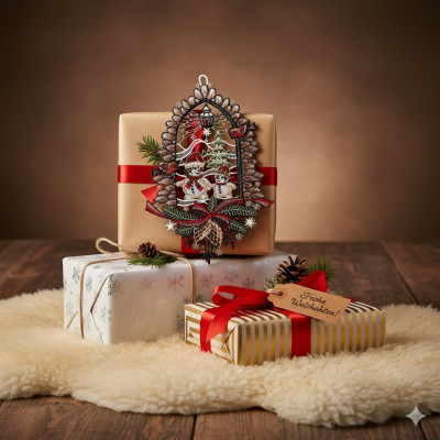 Drei eingepackte Weihnachtsgeschenke mit roten Bändern liegen auf einem weichen weißen Teppich. Ein festliches Ornament und die Plauener Spitze Advents-Dekoration zieren das oberste Geschenk, während ein Anhänger mit der Aufschrift "Frohe Weihnachten!" für eine charmante weihnachtliche Note sorgt.