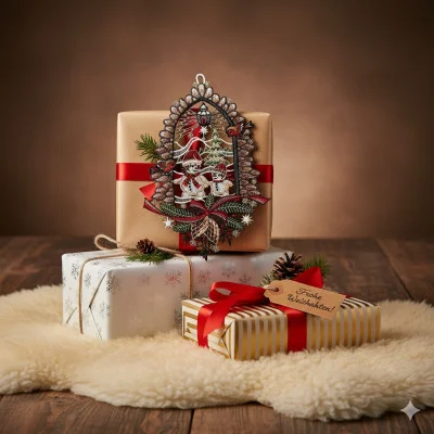 Drei eingepackte Weihnachtsgeschenke mit roten Bändern liegen auf einem weichen weißen Teppich. Ein festliches Ornament und die Plauener Spitze Advents-Dekoration zieren das oberste Geschenk, während ein Anhänger mit der Aufschrift "Frohe Weihnachten!" für eine charmante weihnachtliche Note sorgt.