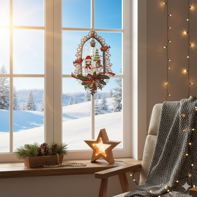 Ein gemütlicher Stuhl mit einer grauen Decke steht an einem mit Lichterketten geschmückten Fenster. Draußen bedeckt Schnee die Landschaft. Am Fenster hängt ein festliches Fensterbild, während ein leuchtender Holzstern und Tannenzapfen auf der Fensterbank liegen.