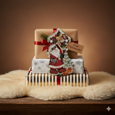 Drei eingepackte Geschenke, gestapelt auf einem flauschigen, cremefarbenen Teppich. Das oberste Geschenk trägt ein Etikett mit der Aufschrift "Frohe Weihnachten!" und ist mit einem Weihnachtsmann-Fensterbild verziert, das eine festliche Weihnachts-Dekoration darstellt. Der Hintergrund ist warm beleuchtet und hat einen braunen Farbverlauf.