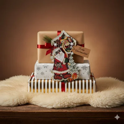 Drei eingepackte Geschenke, gestapelt auf einem flauschigen, cremefarbenen Teppich. Das oberste Geschenk trägt ein Etikett mit der Aufschrift "Frohe Weihnachten!" und ist mit einem Weihnachtsmann-Fensterbild verziert, das eine festliche Weihnachts-Dekoration darstellt. Der Hintergrund ist warm beleuchtet und hat einen braunen Farbverlauf.