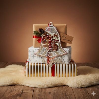 Drei eingepackte Geschenke, die auf einem Fellteppich gestapelt sind; das oberste Geschenk ist einfarbig braun mit einer Tannendekoration und einem Schild mit der Aufschrift "Frohe Weihnachten!" Ein glitzernder Weihnachtsschmuck mit einem Fuchs und eine bezaubernde Winterdekoration vervollständigen die festliche Szene.