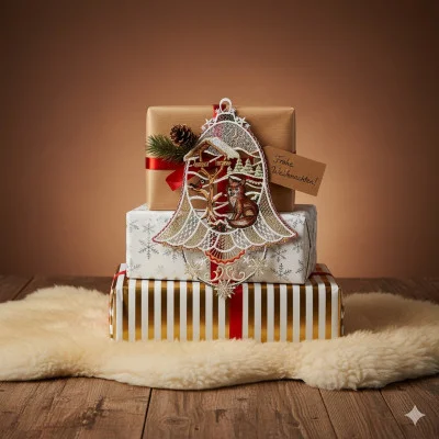 Drei eingepackte Geschenke, die auf einem Fellteppich gestapelt sind; das oberste Geschenk ist einfarbig braun mit einer Tannendekoration und einem Schild mit der Aufschrift "Frohe Weihnachten!" Ein glitzernder Weihnachtsschmuck mit einem Fuchs und eine bezaubernde Winterdekoration vervollständigen die festliche Szene.