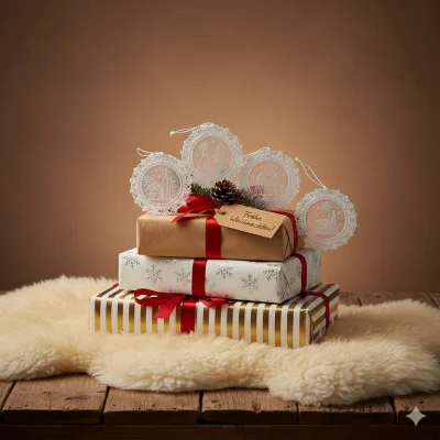 Drei festlich verpackte Geschenke mit roten Bändern und einem Tannenzapfen liegen auf einem Holztisch, der mit einem weißen Fellteppich bedeckt ist. Fünf zarte Baumbehang-Ornamente aus Plauener Spitze stehen hinter den Geschenken auf einem warmen braunen Hintergrund.