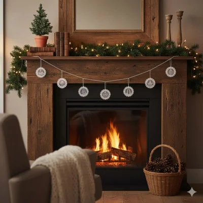 In einem gemütlichen Wohnzimmer steht ein beleuchteter Kamin mit einem Holzsims, der mit Tannengirlanden, Lichterketten, Büchern, einem kleinen Topfbaum, Baumbehang und Schneeflockengirlanden geschmückt ist. Ein Korb mit Tannenzapfen steht auf dem Boden.