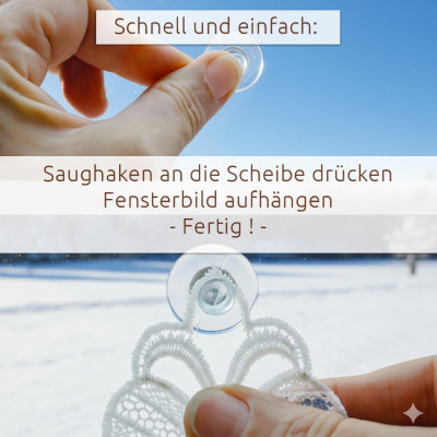 Nahaufnahme von Händen, die einen Saughaken an ein Fenster drücken, um ein Fensterbild aufzuhängen. Ein deutscher Text erklärt den einfachen Vorgang: den Haken drücken, die Weihnachtsdekoration aufhängen, und fertig. Draußen ist eine verschneite Landschaft zu sehen. Nahaufnahme von Händen, die einen Saughaken an ein Fenster drücken, um ein Fensterbild aufzuhängen. Ein deutscher Text erklärt den einfachen Vorgang: den Haken drücken, die Weihnachtsdekoration aufhängen, und fertig. Draußen ist eine verschneite Landschaft zu sehen.