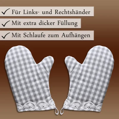 Zwei grau-weiß karierte Topfhandschuh mit Spitzenbesatz und Aufhängeschlaufen sind auf einem braunen Hintergrund abgebildet. Der deutsche Text hebt die Eigenschaften hervor: für Links- und Rechtshänder geeignet, extra dick gepolstert und mit Aufhängeschlaufen.