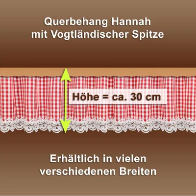 Ein rot-weißer Gingham-Volant mit Spitzenbesatz am unteren Rand ist abgebildet. Der deutsche Text beschreibt ihn als "Querbehang Hannah mit vogtländischer Spitze" und vermerkt eine Höhe von etwa 30 cm. Er ist in verschiedenen Breiten erhältlich.