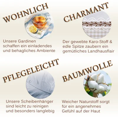 Vier Kreise mit Bildern: Teetasse (WOHNLICH), Stoff mit Spitze (CHARMANT), Wassertropfen auf Stoff (PFLEGELEICHT), Baumwollpflanze (BAUMWOLLE). Darunter je kurze Beschreibungen zu Gardinen: gemütlich, charmant, pflegeleicht, angenehm auf der Haut.