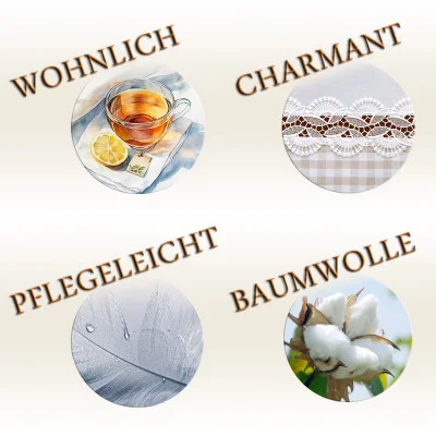 Vier Kreise mit Bildern und deutschem Text: oben links, eine Tasse Tee mit Zitrone ("WOHNLICH"); oben rechts, Spitzen- und Gingham-Stoff ("CHARMANT"); unten links, ein Blatt mit Wassertropfen ("PFLEGELEICHT"); unten rechts, eine Baumwollkapsel an einer Pflanze ("BAUMWOLLE").