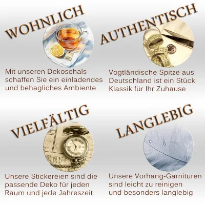 Ein Raster aus vier Abschnitten, jeder mit einem Foto und einem deutschen Text. Oben links: Teeservice, "WOHNLICH". Oben rechts: Spitzenstoff, "AUTHENTISCH". Unten links: Kompass und Karte, "VIELFÄLTIG". Unten rechts: nasser Vorhang, "LANGLEBIG". Der Text unten beschreibt die Eigenschaften der Wohnkultur.
