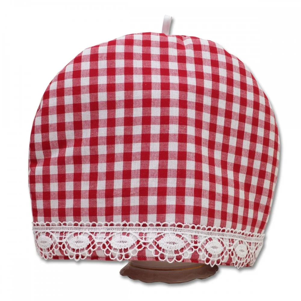 Teewärmer Kannenwärmer rot-weiß-kariert Serie Helena mit Spitze Kaffewärmer