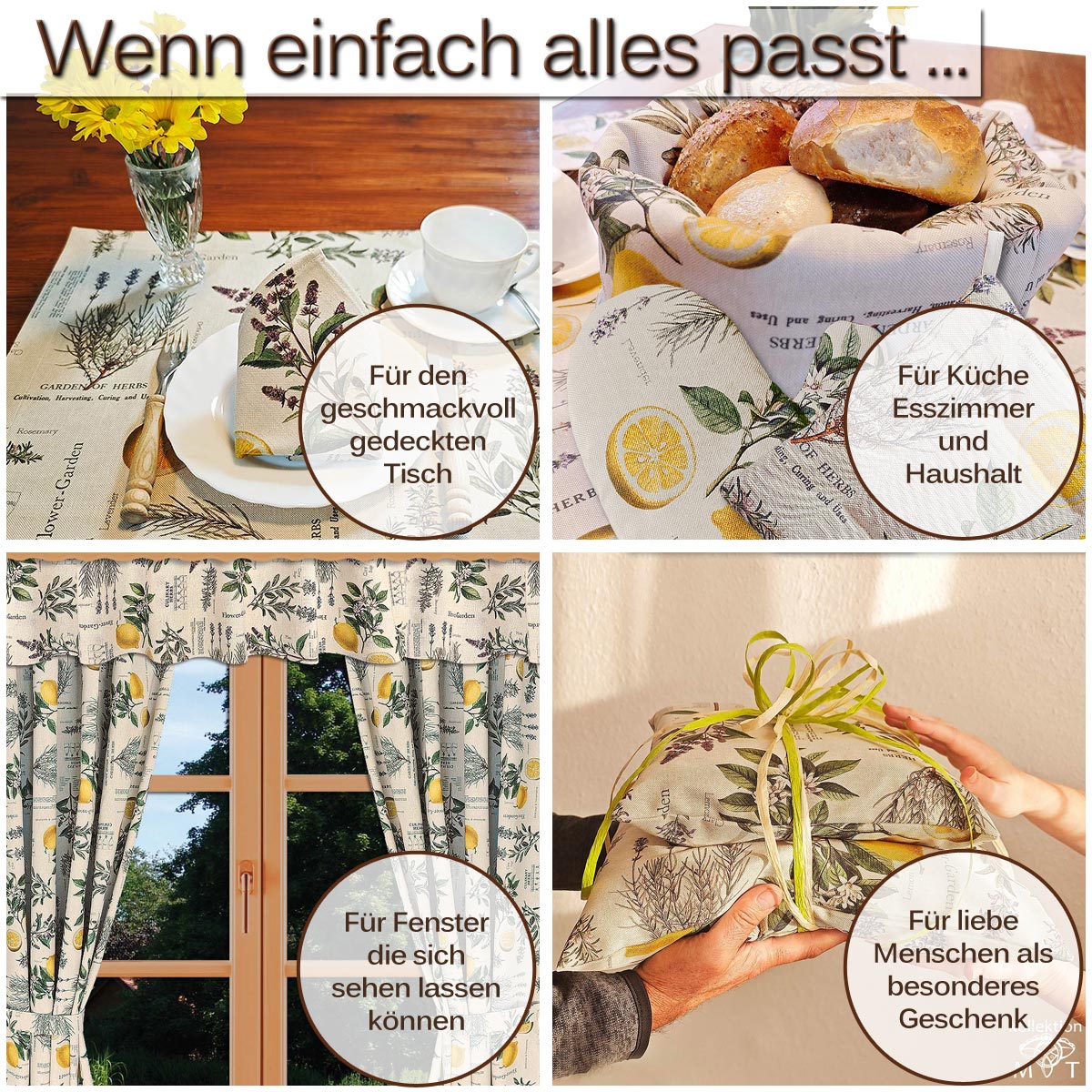 Küchen-Serie Liora mit Gardinen und Heimtextilien - viele Produkte als Collage dergestellt