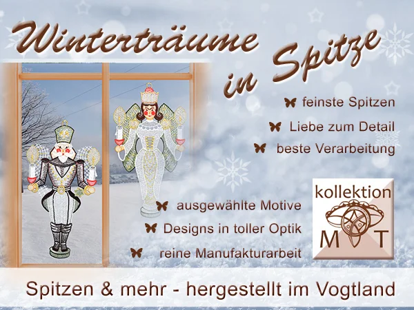 Holen Sie sich mit Plauener Spitze den Winterzauber in Ihr Zuhause! Unser Fensterbild mit zarter Spitze zeigt 2 Figuren Bergmann und Engel als kunstvolle Winter-Dekoration aus dem Vogtland, mit viel Liebe zum Detail und außergewöhnlichem Design.