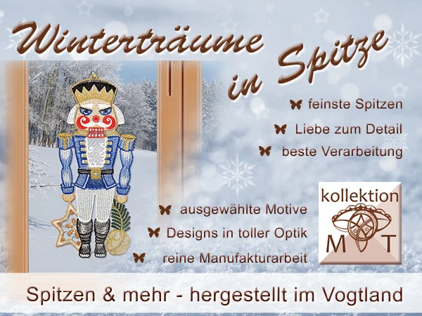 Holen Sie sich mit Plauener Spitze den Winterzauber in Ihr Zuhause! Unser Fensterbild mit zarter Spitze zeigt einen traditionellen blauen Nussknacker als kunstvolle Winter-Dekoration aus dem Vogtland, mit viel Liebe zum Detail und außergewöhnlichem Design.