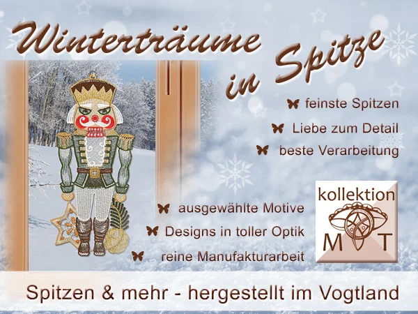 Holen Sie sich mit Plauener Spitze den Winterzauber in Ihr Zuhause! Unser Fensterbild mit zarter Spitze zeigt einen traditionellen grünen Nussknacker als kunstvolle Winter-Dekoration aus dem Vogtland, mit viel Liebe zum Detail und außergewöhnlichem Design.