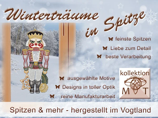 Holen Sie sich mit Plauener Spitze den Winterzauber in Ihr Zuhause! Unser Fensterbild mit zarter Spitze zeigt einen traditionellen roten Nussknacker als kunstvolle Winter-Dekoration aus dem Vogtland, mit viel Liebe zum Detail und außergewöhnlichem Design.