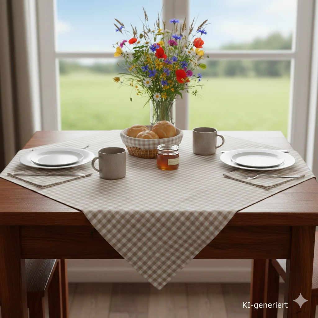 Ein kleiner hölzerner Küchentisch für zwei Personen mit Tellern, Tassen und einem Korb mit Brötchen. Ein Glas Marmelade und eine Vase mit Wildblumen stehen in der Mitte auf einer karierten Mitteldecke aus Baumwolle, durch deren Fenster ein grünes Feld zu sehen ist.