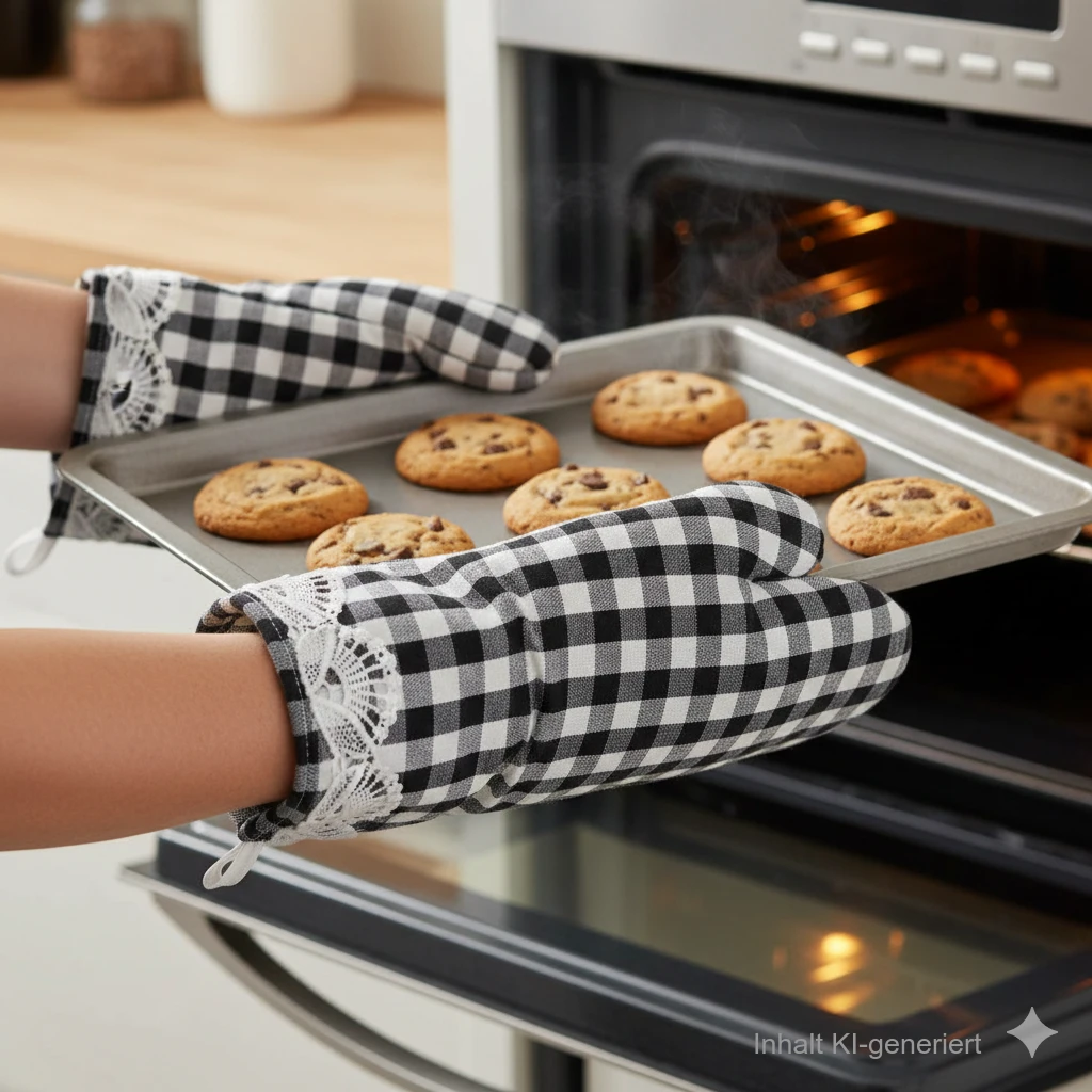 Eine Person, die einen schwarz-weißen Karomuster-Ofenhandschuh trägt, nimmt in der Küche ein Tablett mit frisch gebackenen Schokokeksen aus dem Ofen.