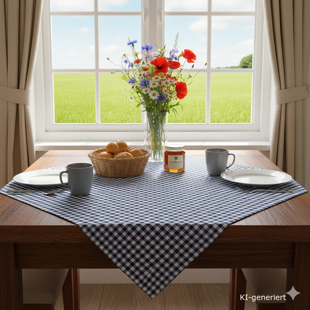 Ein kleiner hölzerner Küchentisch für zwei Personen mit Tellern, Tassen und einem Korb mit Brötchen. Ein Glas Marmelade und eine Vase mit Wildblumen stehen in der Mitte auf einer karierten Mitteldecke aus Baumwolle, durch deren Fenster ein grünes Feld zu sehen ist.