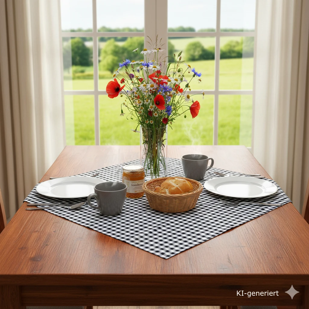 Ein kleiner hölzerner Küchentisch für zwei Personen mit Tellern, Tassen und einem Korb mit Brötchen. Ein Glas Marmelade und eine Vase mit Wildblumen stehen in der Mitte auf einer karierten Mitteldecke aus Baumwolle, durch deren Fenster ein grünes Feld zu sehen ist.