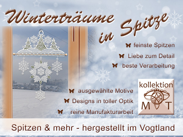 Holen Sie sich mit Plauener Spitze den Winterzauber in Ihr Zuhause! Unser Fensterbild mit zarter Spitze zeigt einen verschneiten Winterwald mit Kirche als kunstvolle Winter-Dekoration aus dem Vogtland, mit viel Liebe zum Detail und außergewöhnlichem Design.