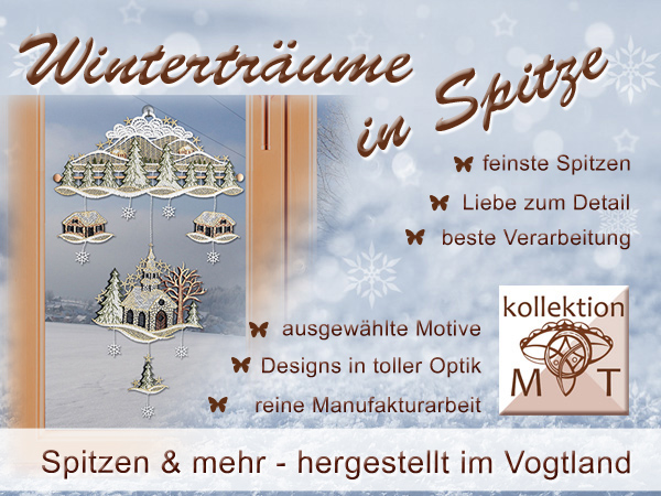 Holen Sie sich mit Plauener Spitze den Winterzauber in Ihr Zuhause! Unser Fensterbild mit zarter Spitze zeigt einen verschneiten Winterwald mit Kirche als kunstvolle Winter-Dekoration aus dem Vogtland, mit viel Liebe zum Detail und außergewöhnlichem Design.