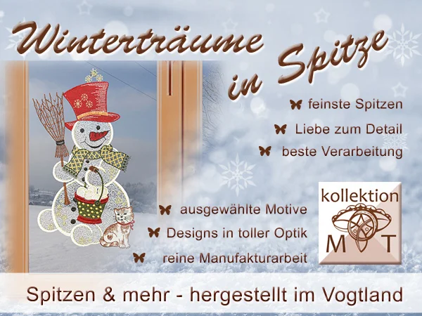 Holen Sie sich mit Plauener Spitze den Winterzauber in Ihr Zuhause! Unser Fensterbild mit zarter Spitze zeigt einen niedlichen Schneemann mit Kätchen als kunstvolle Winter-Dekoration aus dem Vogtland, mit viel Liebe zum Detail und außergewöhnlichem Design.