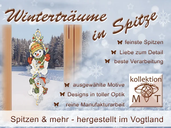 Holen Sie sich mit Plauener Spitze den Winterzauber in Ihr Zuhause! Unser Fensterbild mit zarter Spitze zeigt 2 niedliche Schneemänner als kunstvolle Winter-Dekoration aus dem Vogtland, mit viel Liebe zum Detail und außergewöhnlichem Design.